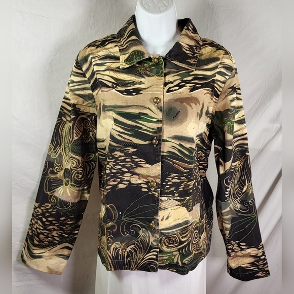 Life Style Jackets & Blazers - LIFE STYLE Tan and Green Embellished Jungle Floral Denim Shirt Jacket - Size XL